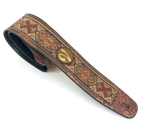 Handmade 60's 70's Jacquard Renaissance Guitar Strap by VTAR, Made with Vegan Leather. Lilac & Gold