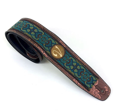 Handmade 60's 70's Jacquard Renaissance Guitar Strap by VTAR, Made with Vegan Leather. Blue Jacquard