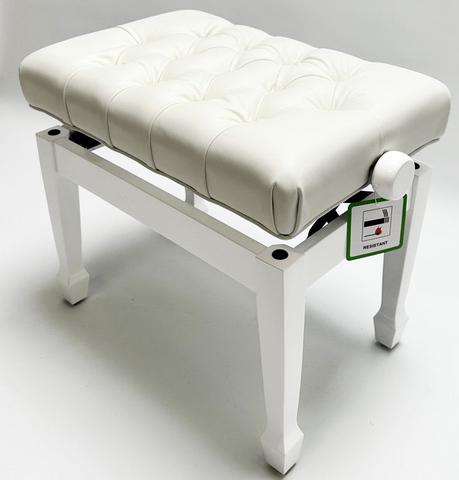 CADENZA - Concert Style Piano Stool (Adjustable with White Deep Button Vinyl Top) - Polished White