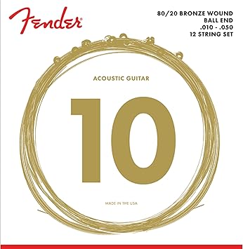 Roll over image to zoom in Fender 80/20 Bronze Acoustic Guitar Strings for 12-string Guitar, Ball End, 70-12L .010-.050 Gauges, (12), 0730070423