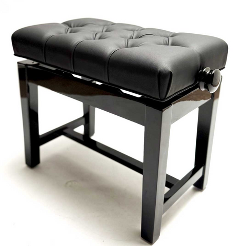 MARCATO - High Quality Concert Piano Stool, Black Leatherette Deep Button Top, Glued Leg Construction, Polished Ebony