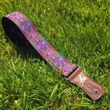 Handmade Colorful Psychedelic Hemp Guitar - Bass Strap with Antique Brass Details and Brown Vegan Leather by VTAR 60s 70s Style