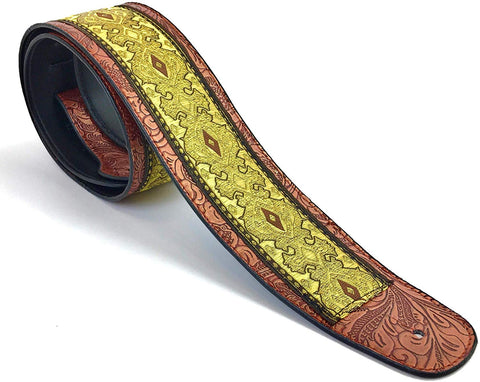 Handmade Vegan Psychedelic Jacquard Retro 70's Style Guitar Strap by VTAR, Made with Vegan Leather. For Acoustic, Bass and Electric (Yellow Psychedelic)) - 1to1 Music