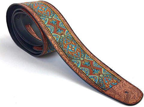 Handmade Retro Psychedelic "Renaissance" Collection 60's 70's Guitar Strap by VTAR, Made with Vegan Leather. For Acoustic, Bass and Electric (Teal and Gold) - 1to1 Music