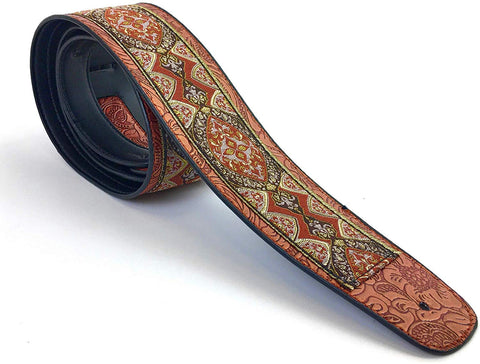 Handmade Psychedelic "Renaissance" Collection 60's 70's Guitar Strap by VTAR, Made with Vegan Leather. For Acoustic, Bass and Electric (Lilac and Gold) - 1to1 Music