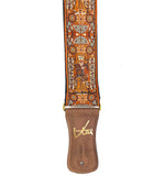 Handmade Brown Irish Celtic Book Of Kells Hemp Guitar Strap by VTAR, with Brass Details and Brown Vegan Leather. For Acoustic, Bass and Electric