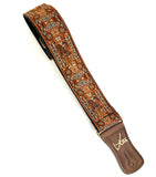 Handmade Brown Irish Celtic Book Of Kells Hemp Guitar Strap by VTAR, with Brass Details and Brown Vegan Leather. For Acoustic, Bass and Electric