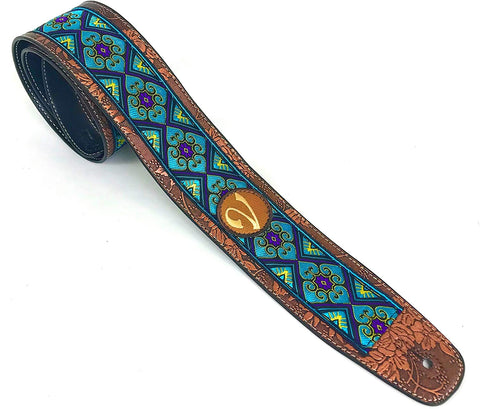 Handmade Retro Psychedelic 60's 70's Jacquard Aztec Guitar Strap by VTAR, Made with Vegan Leather. For Acoustic, Bass and Electric (Teal and Purple Floral)