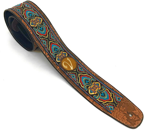 Handmade Retro Psychedelic 60's 70's Jacquard Aztec Guitar Strap by VTAR, Made with Vegan Leather. For Acoustic, Bass and Electric (Blue, Red and Gold)